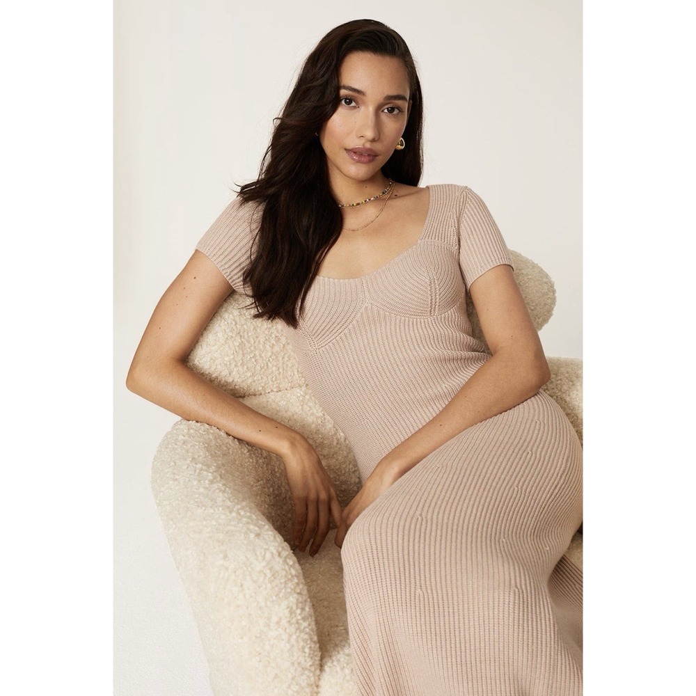 Staud Camden Ribbed Knit Sweater Maxi Dress Bustier Tan Beige L Sweetheart - Picture 3 of 7